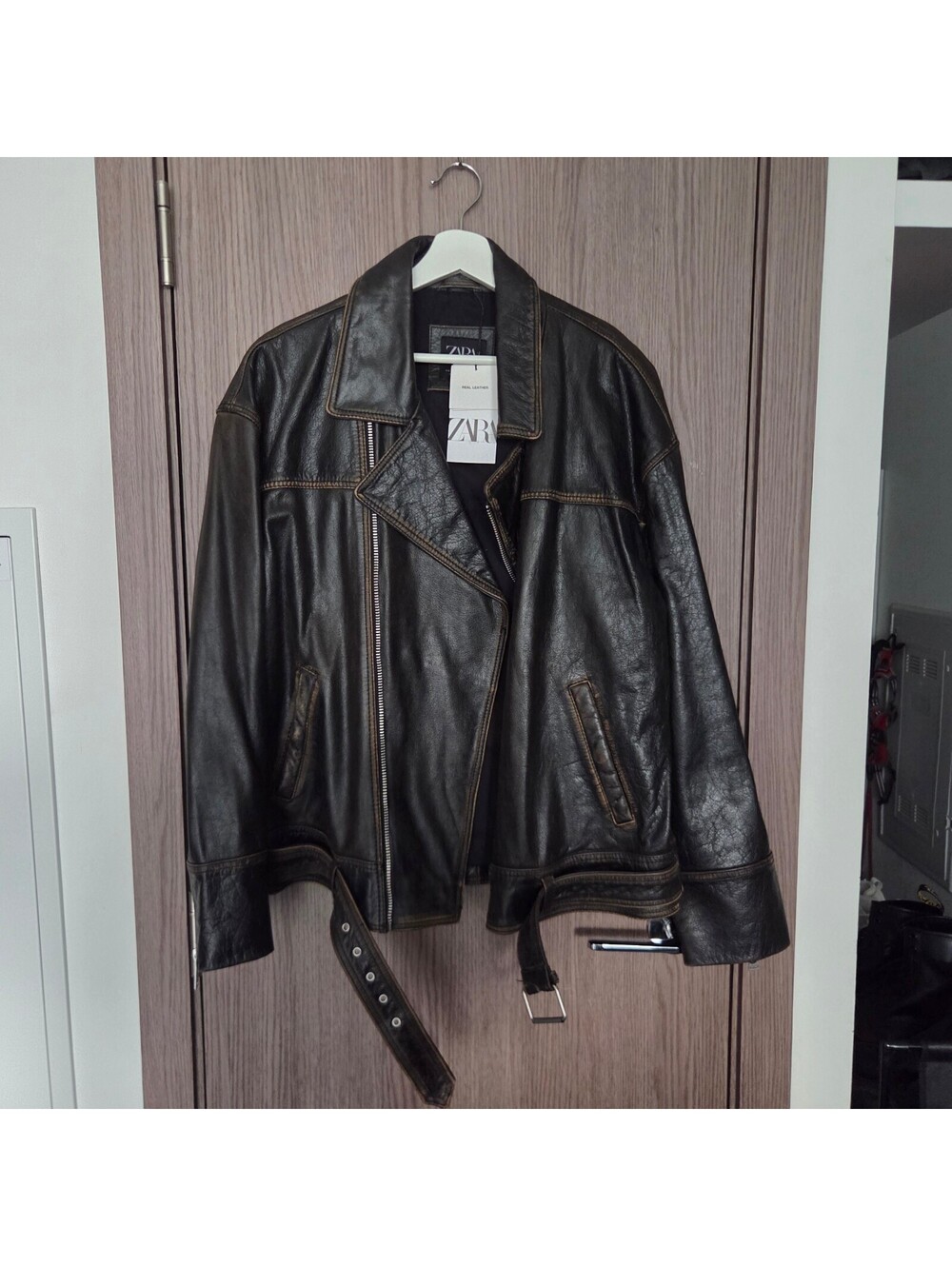 Zara - Dark Brown Leather Biker Jacket - L - NWT